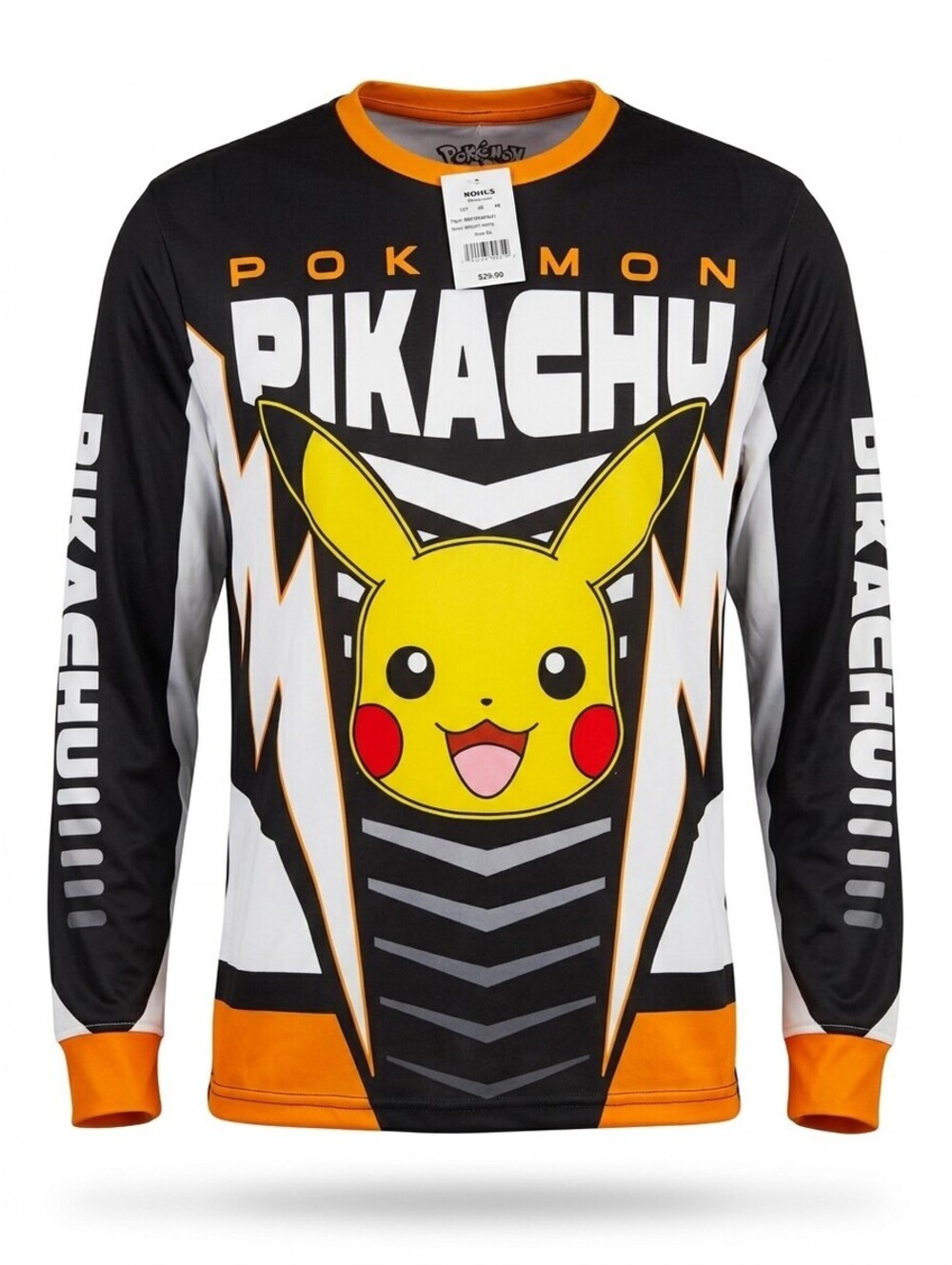 Pokemon Pikachu Long Sleeve Jersey Shirt Mens XL Black Orange Graphic Tee NWT